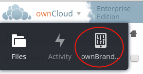 ownBrander app button is on the top left of your ownCloud Web GUI, after clicking the down arrow at the right of the ownCloud logo